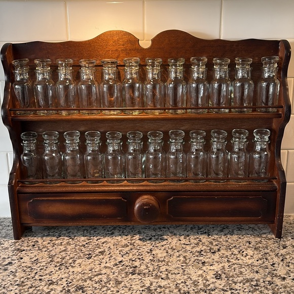 Other - Antique Vintage Wooden Spice Rack with Glass Jars, Kitchen Craft Storage Shelf